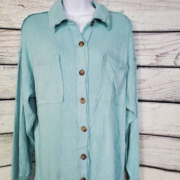 BKE Boyfriend Button Front Corded Shacket Top Aqua Blue Ribbed Small Oversized - Picture 2 of 7